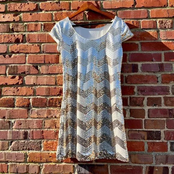 White House Black Market Sequin Dress Gold and Silver Chevron Zig Women’s Medium - Picture 4 of 13